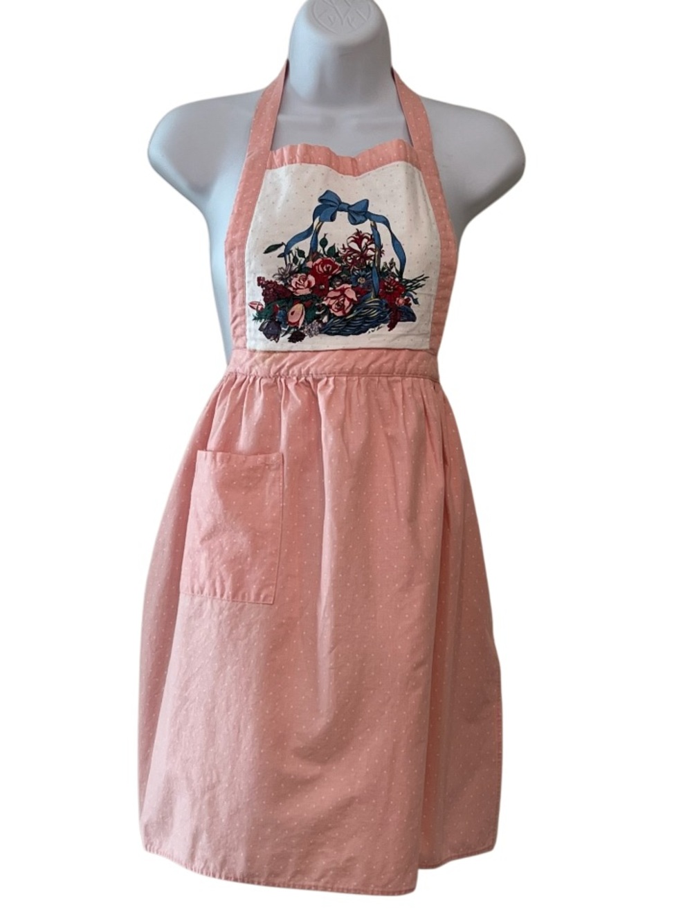Vintage Style Pink Floral Basket Print Bib Full Apron Polka Dot Pocket